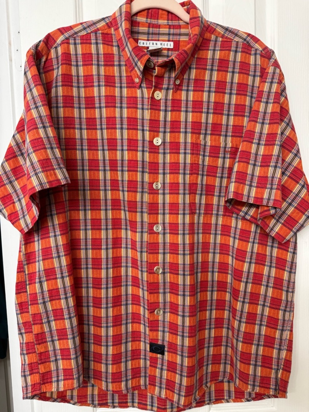 Well made Cotton Reel 100% Cotton Red & Orange Plaid Short-Sleeve ButtonUp Shirt